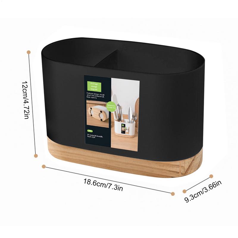 Kitchen Tableware Storage Bucket Utensil Holder Cutlery Drainer Plastic Chopstick Spoon Storage Rack with Wooden Base