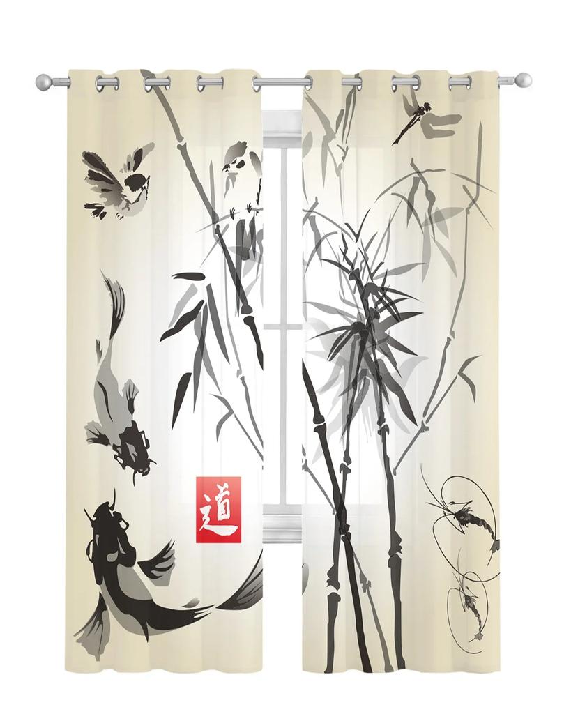 Bamboo Carp Chinese Ink Painting Tulle Curtains For Living Room Bedroom Kitchen Decoration Chiffon Sheer Voile Window Curtains