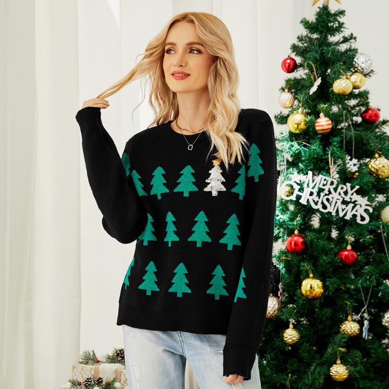 GMXIA Women's Fall Winter Pullover Jacquard Christmas Tree Knitwear Long Sleeve Red Christmas Sweater