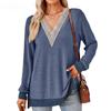 Autumn and Winter Women's Blouse V-neck Lace Solid Color Loose Long Sleeve Tops