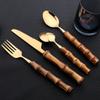 6//24Pcs Dinnerware Sets Bamboo Handle Stainless Steel Creative Flatware Set Knife Fork Spoon Tableware Set Luxury Cutlery Rack