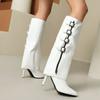 lenkisen PU Autumn Winter Shoes Pointed Toe Stiletto Thin High Heels Metal Square Buckle Keep Warm Fashion Knee Boots