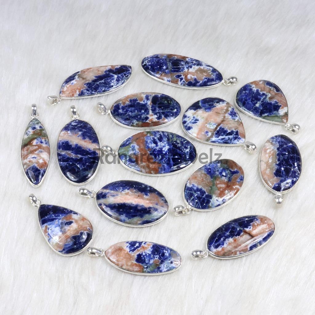 Sodalite Pendant Sterling Silver Pendant Orange Blue Sodalite Gemstone Pendant Bezel Pendant Narrow Loop Pendant Sodalite Necklace Jewelry