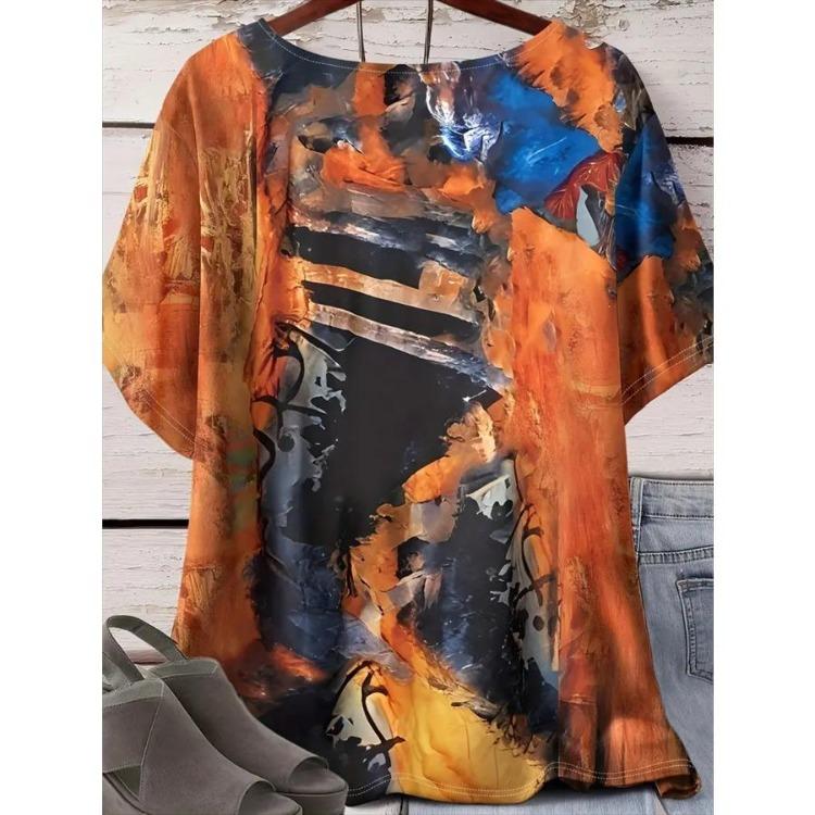 Plus Size Women Casual Comfortable Top Relaxed Fit Short Sleeve Floral Print Vibrant Pattern T-Shirt Spring Summer Outings