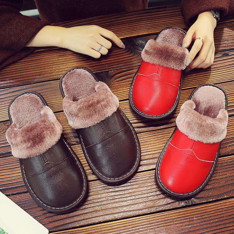 2024 Winter Leather Women Slippers Indoor Waterproof Warm Slippers Home Fur Couple Shoes Flat Ladies Men'S Slippers Cotton Shoes