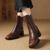 2025 New Split Leather Boots Women Square Toe Elastic Band Chunky High Heels Autumn Winter Ankle Boots Ladies Office Dress Shoes