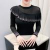 Spring Autumn Women's Ruffles Hotfix Rhinestone T-Shirt Elegant Full Sleeve O-neck Tees Slim Ladies Tops