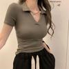 Women's Summer French Style V-Neck Slim Polo Shirt - Short-Sleeve Knit Top