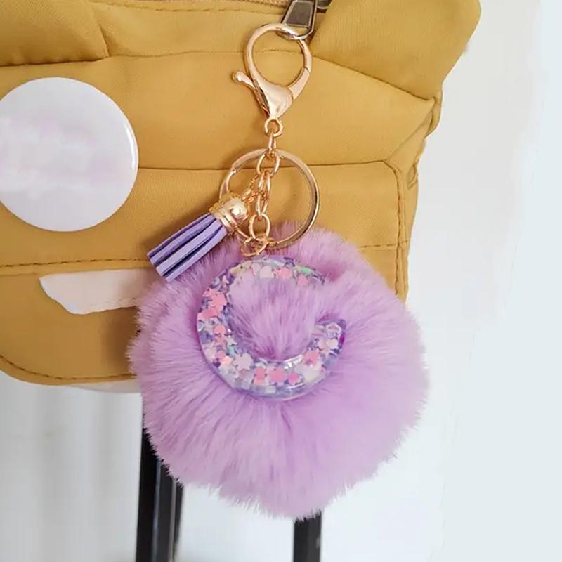 Adorable A-Z Letters Initial Keychain Sparkling Resin Alphabet Fluffy Hairball Pendant Backpack Decoration Accessories Gifts