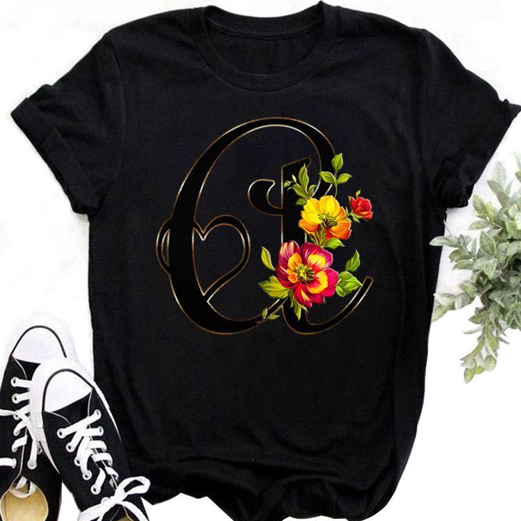 Custom Name Letter Combination Tops Fashion Women T-Shirt Rose Flower Heart Letter Font A B C D Short Sleeve Tees Black T-Shirt