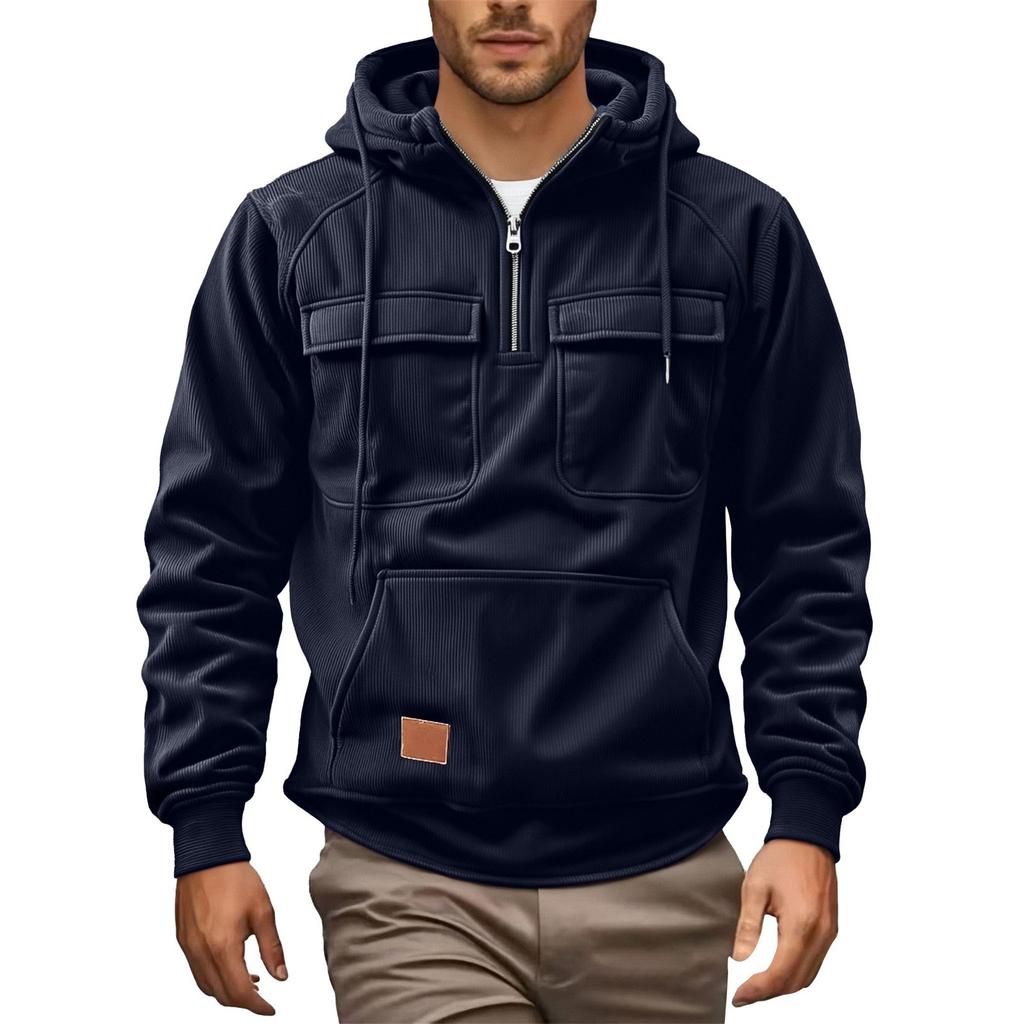 Men's Solid Color Fleece Half Zip Pocket Sweatshirt Hoodie Men's Sports Large Size Casual Sweatshirt