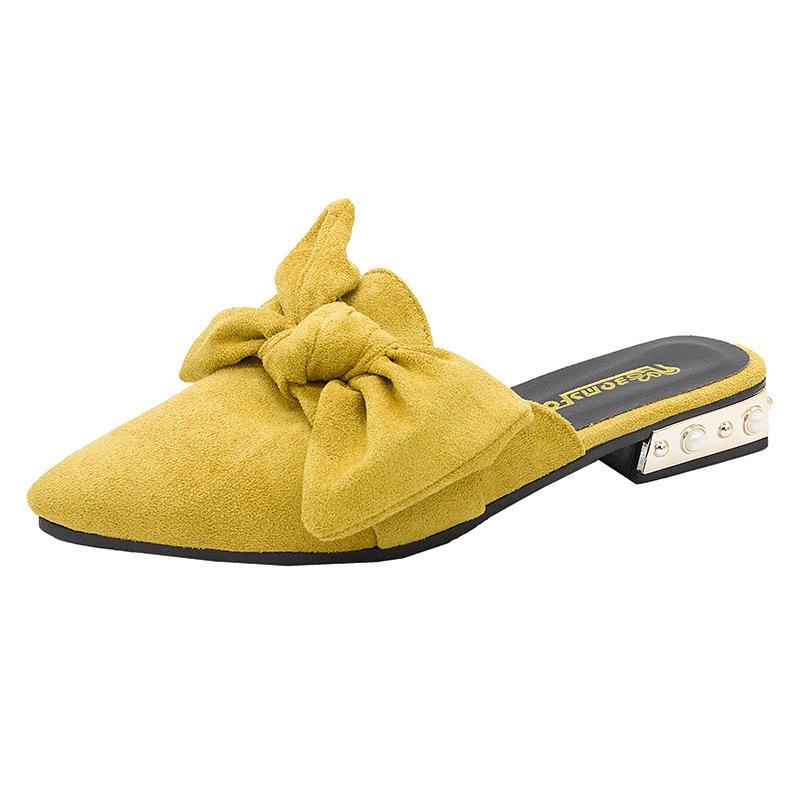 Pointed Toe Low Heel Slippers Women's Bowknot Suede Plus Size Women's Shoes Size 35-40