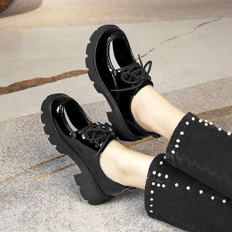 Women Loafers  Women Shoes British Style Platform Lace-up Round Toe Women's Shoes