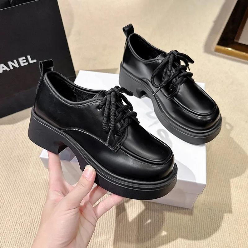 Fashion Solid Leather Oxford Shoes for Women Fashion Lace Up Women Shoes Square Mid Heels Platform Shoes Zapatos De Mujer