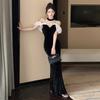 Celebrity Mesh Stitching Velvet Dress Dress with Chest Pads