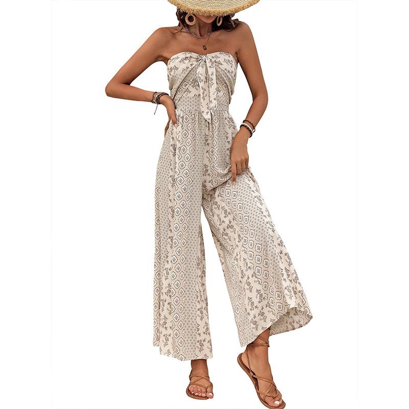 Summer Women's Jumpsuit High Waist Tie Wide Leg Pants Range Patchwork Ethnic Style Casual Pant