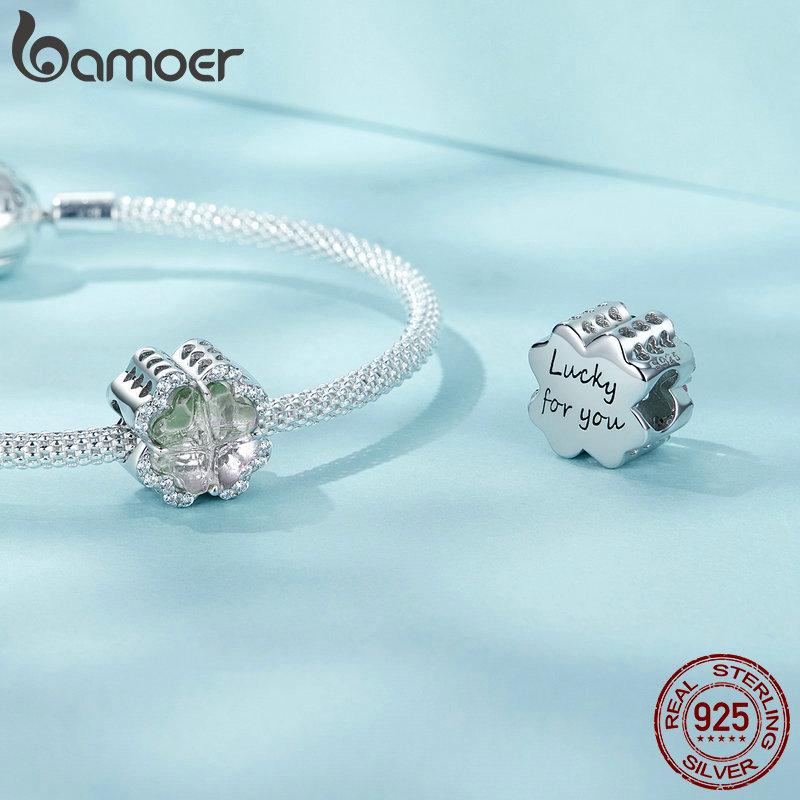 Bamoer Шарм-бусина из стерлингового серебра 925 пробы с четырьмя лепестками клевера для женщин, изготовление ювелирных изделий, подвеска из стерлингового серебра 925 пробы для оригинального браслета
