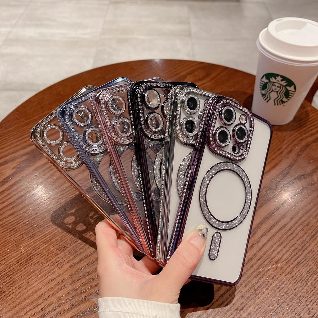 Applicable To IPhone17proMax Flash Powder Magnetic Suction Mobile Phone Case Rhinestone Apple 16 Electroplated Anti Fall 15 Protective Case 14