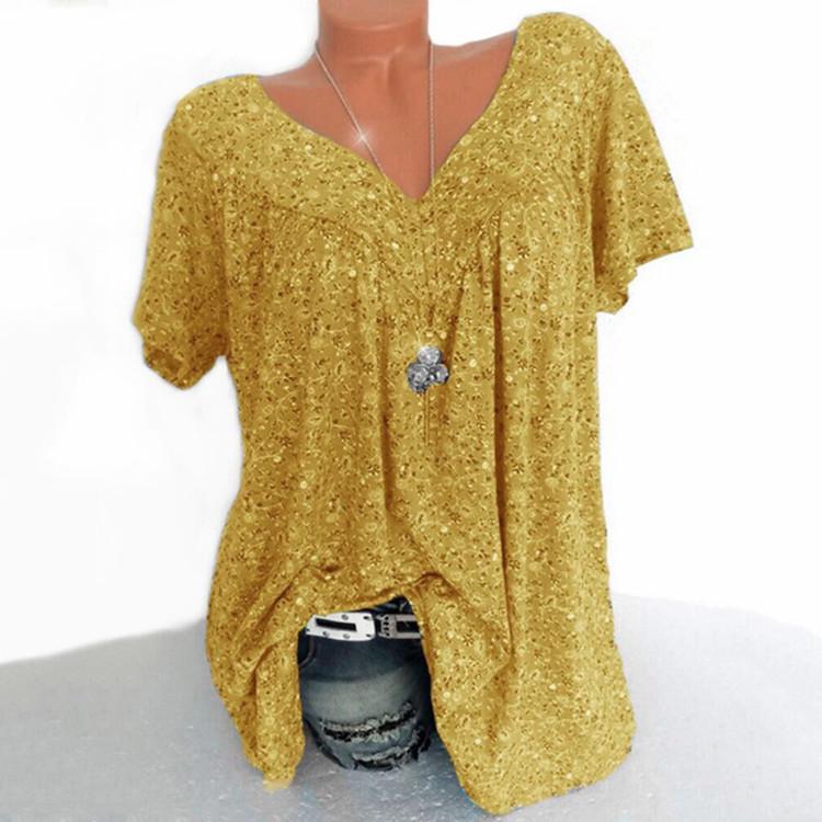 GMXIA Women's Summer Spring V-neck Loose Short Sleeve Printed T-shirt