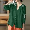 Women Casual V-Neck 3/4 Sleeve Loose Embroidery Blouse