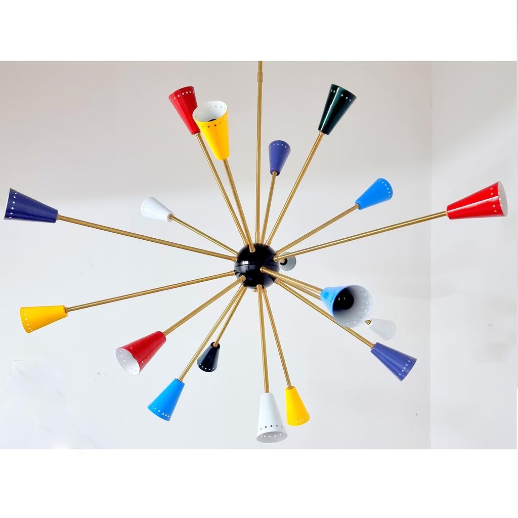 Mid Century Chandelier Fixture Black Center Ball Multicolored Arms Brass Elegance Light for Home Decoration