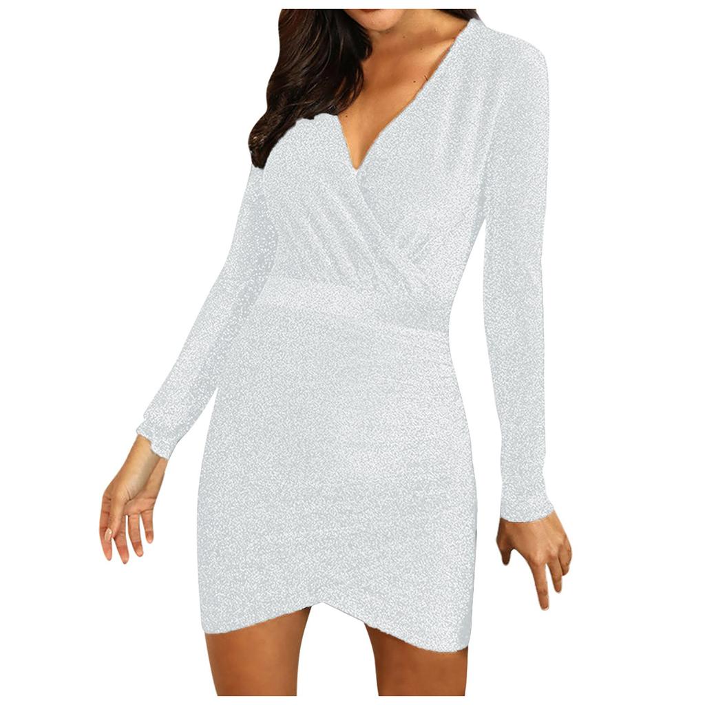 Women's Solid Color Long-sleeved Cross V-neck Sexy Bag Hip Slim Shiny Evening Dress Knee-length Dress