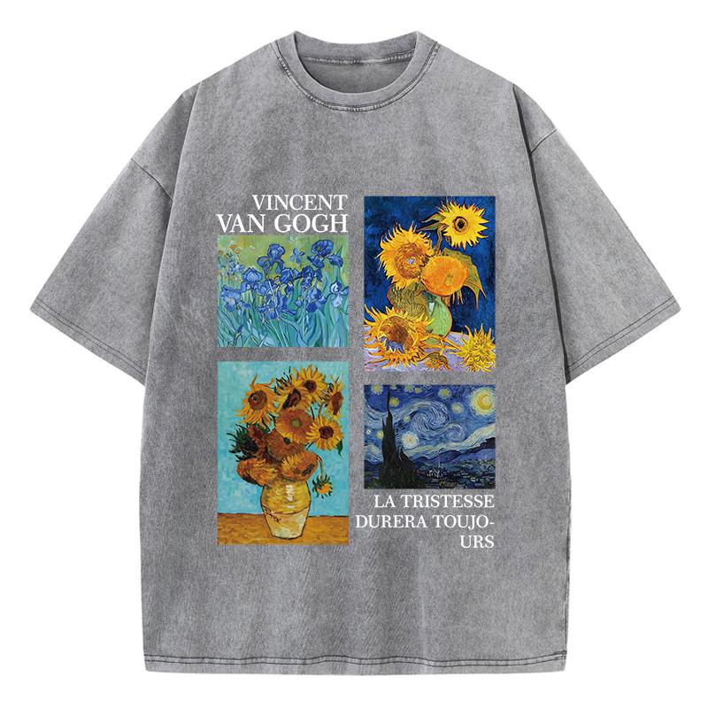 Cotton Women Acid Wash T-Shirts Van Gogh La Tristesse Durera Toujours Prints Tees Oversize O-Neck Distressed Tops