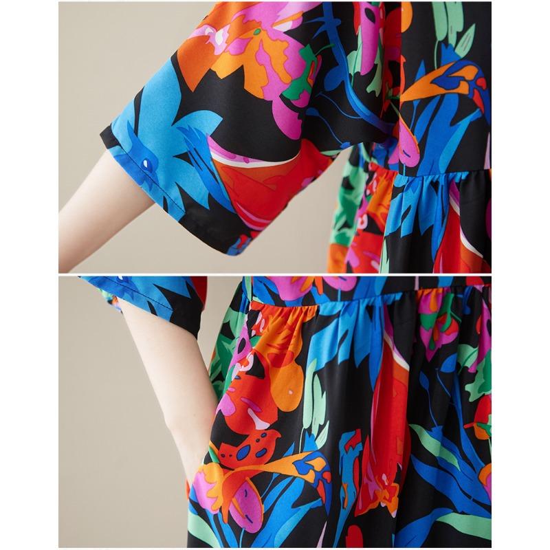 Dimanaf Plus Size New 2025 Women Summer Short Sleeve Dress Basic Casual Floral Loose Vintage Beach Long Dress