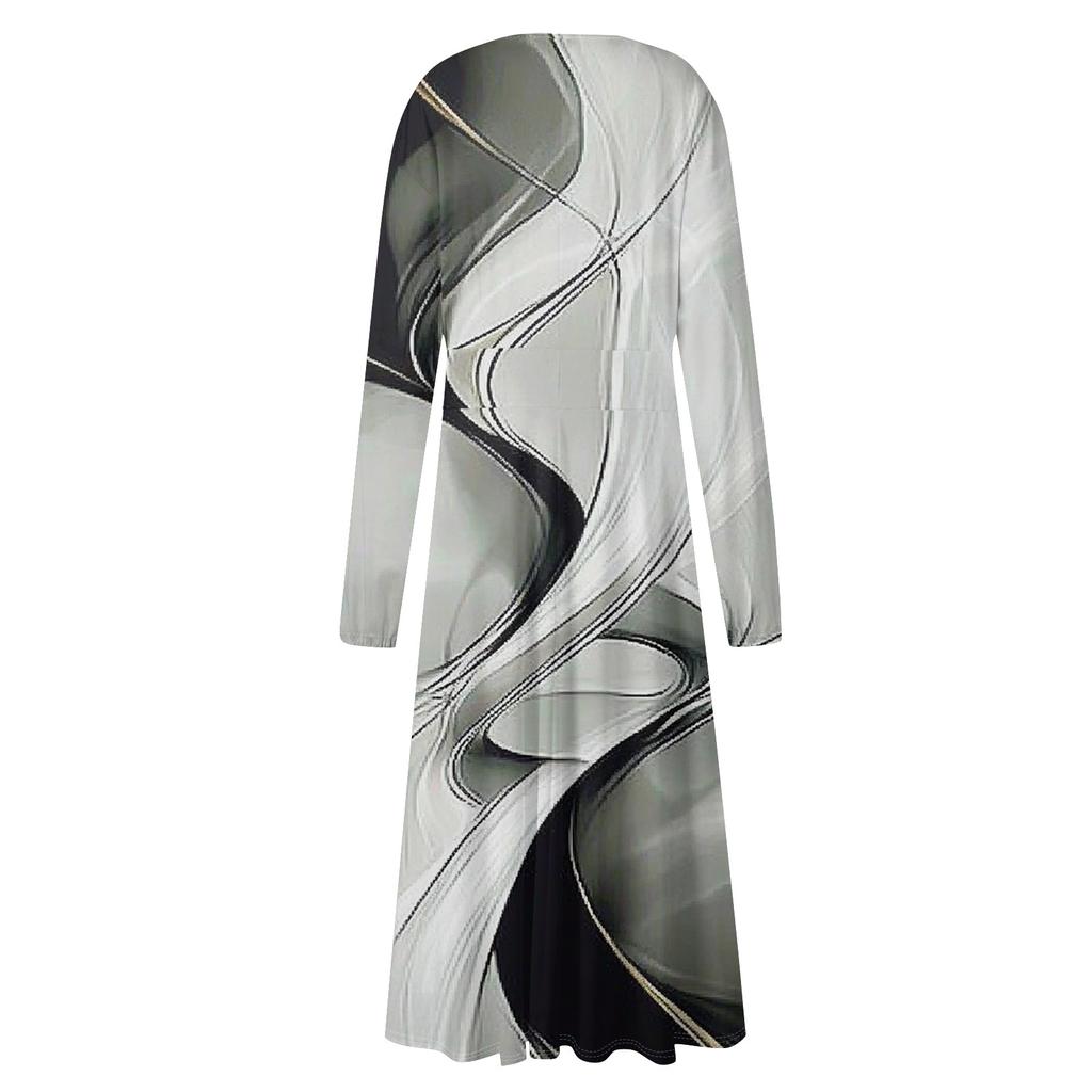 Women's Autumn- And Winter Casual Fashion V-neck Long Sleeve Stripe Print Long Dress Suitable For Daily Life And Party Wear