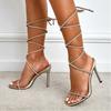 Thin High Heels Women's Sandals Summer Sexy Peep Toe Round Head Rhinestone Band Tie-up Party Shoes Silver Gold