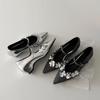 Sheepskin Sparkling Sequins Flower Silver Shoes Niche Mary Jane Shoes Women's Flat Bottom Inner Height Increasing Pointed Shoes