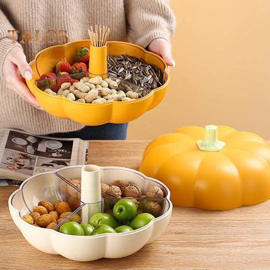 Pumpkin Snack Holder Halloween Divided Serving Tray with Lid 3 Compartments Fork Storage Easy To Clean Serving Container for Fruits Nuts Candies