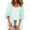 Women Mesh Panel 3/4 Bell Sleeve Pure Color Chiffon Casual Loose Kimono Cardigan