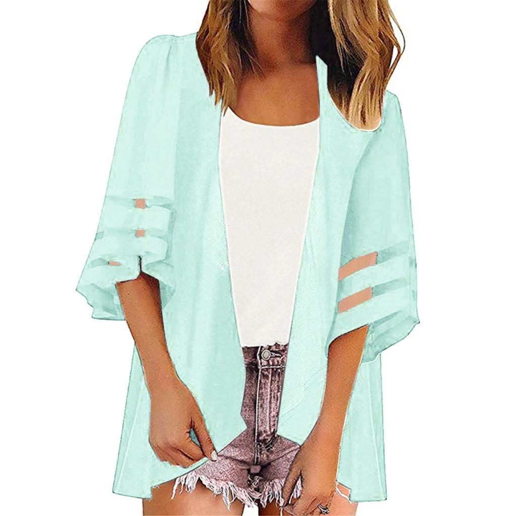 Women Mesh Panel 3/4 Bell Sleeve Pure Color Chiffon Casual Loose Kimono Cardigan