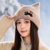 Женская милая шапка с кошачьими ушками из шерсти, осенне-зимняя шапка с вышивкой котенка, ветрозащитная теплая шапка с ушками