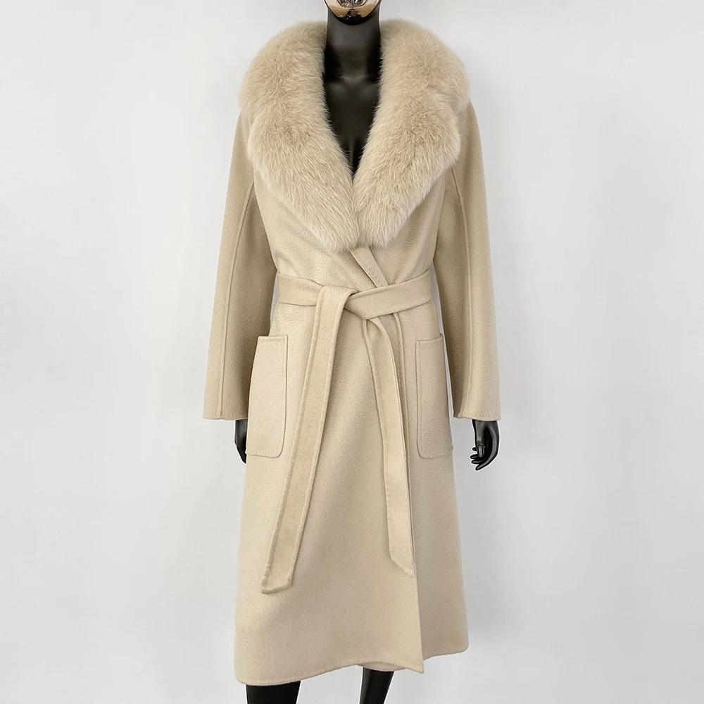 OFTBUY 2024 Autumn Winter Fashion Style Detachable Fox Fur Collar Splicing 100% Wool Coat Women Double-sided Woolen Coat Casual