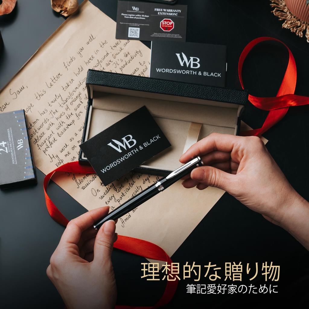 Wordsworth Black Fountain Pen 18K Extra Fine 24 Pack Ink Ink Refill Converter Gift Chrome Perfect for Men and Women & Set, Nib, Cartridges, & Box,