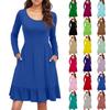 Ladies' Casual Round Neck Long Sleeved Dress Solid Color Loose Waist Pleated Dress
