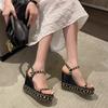 Summer New 10CM Wedges Women's Sandals Buckle Strap Rivet Studded Model Show Grass Woven Platform Party Office Shoes
