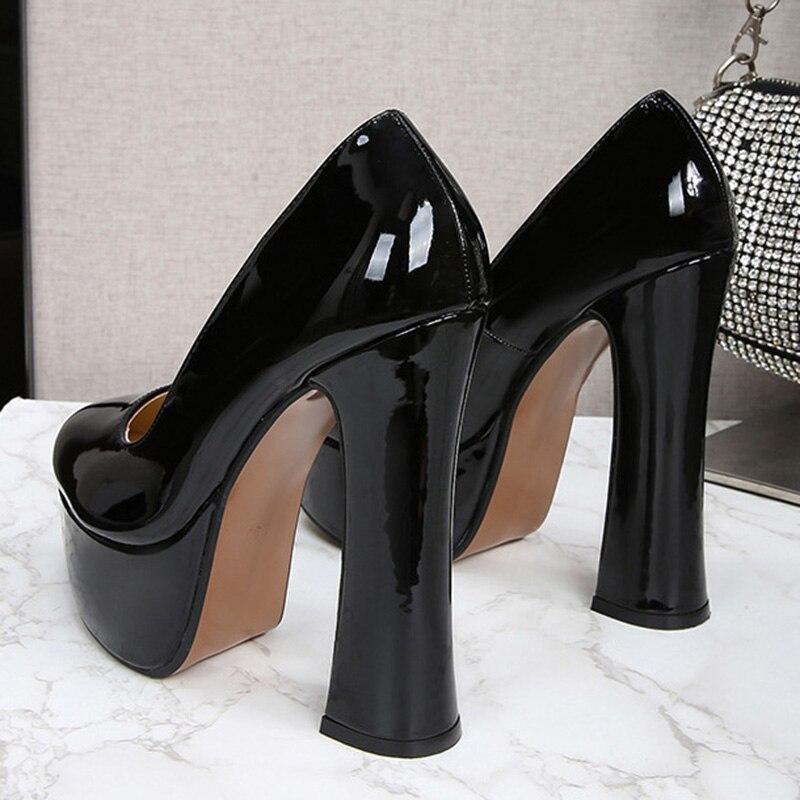 Women's Chunky High Heels Round Toe Pumps 14cm Heel 4cm Platform WZ