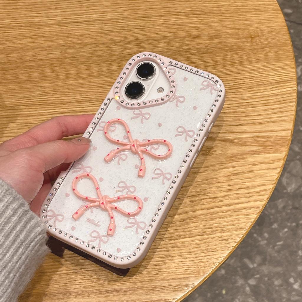 For iPhone 16 Plus Case Two Bow Epoxy Design TPU+PC Phone Back Cover Rhinestone Decor