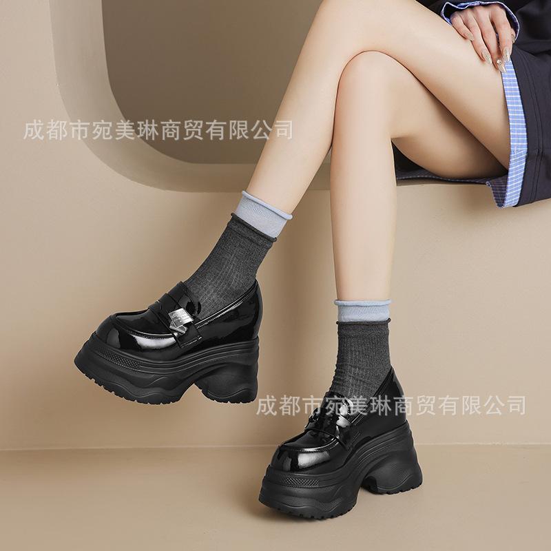 12Cm Ultra-high Heel Round Head Leather Inner Height-increasing Loafers 2025 New Waterproof Platform Platform Thick-soled Buckle Lazy Single Shoes