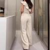 Women Summer Jumpsuit Ruffle Sleeveless High Waist Wide Leg One Shoulder Slant Neck Solid Color OL Commute Style Slim Fit Long Jumpsuit