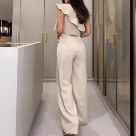 Women Summer Jumpsuit Ruffle Sleeveless High Waist Wide Leg One Shoulder Slant Neck Solid Color OL Commute Style Slim Fit Long Jumpsuit