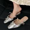 Fashion 2024 New Women'srs Mules Crystal Pearl Pointed Mary Jane Shoes Low Heel Sandals