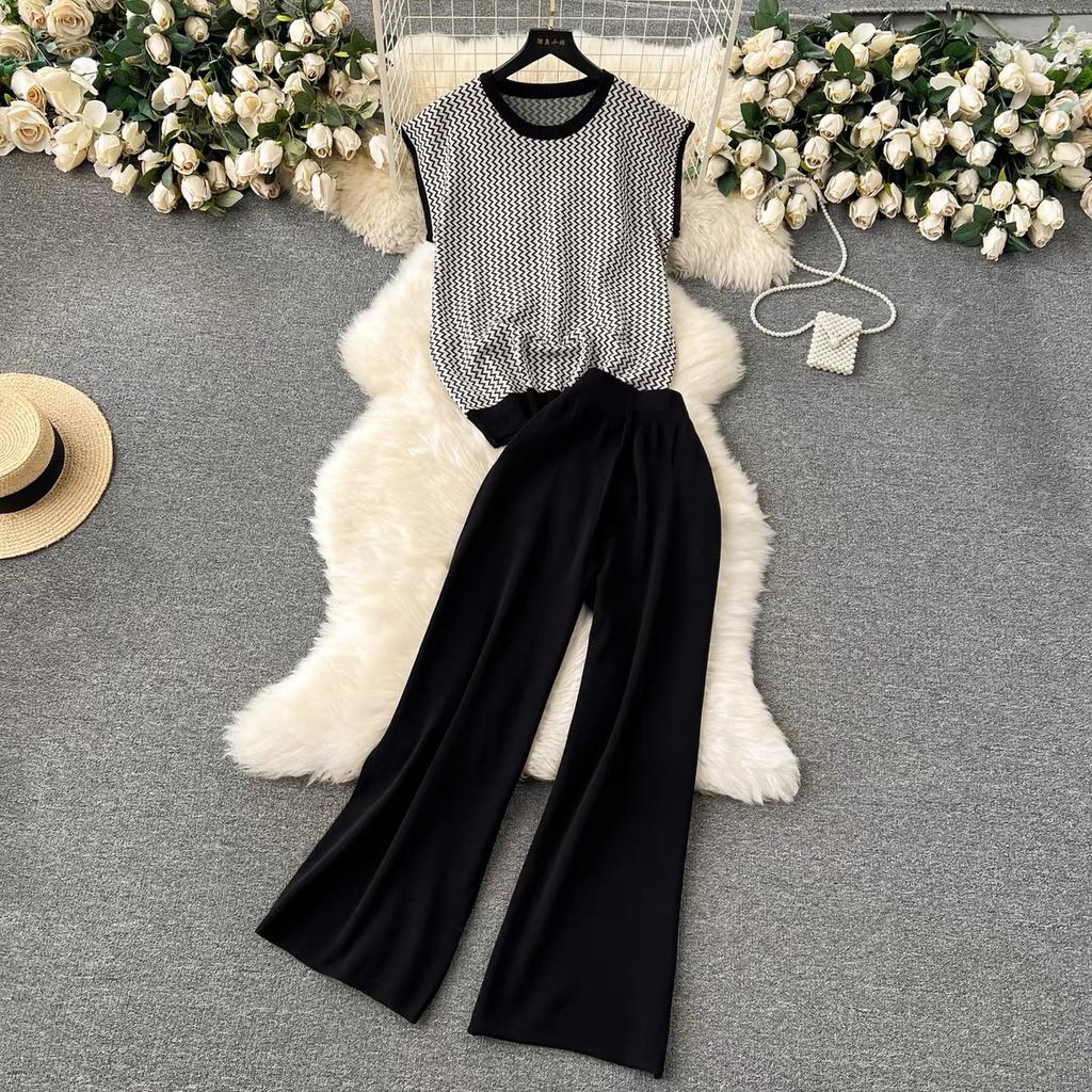 Summer Women Knitted Sweater Tracksuit Sleeveless Striped Tank Vest Tops and Ankle Length Pant Two Piece Set