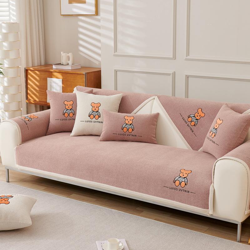 Cartoon Embroidered Sofa Cushion, Universal In All Seasons, Non-Slip Snow Neil Cover Cloth Towel, Simple Modern Sofa Cover, Seat Cushion