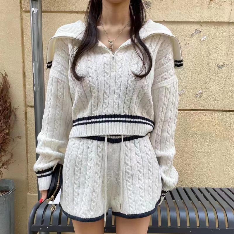 Autumn Winter Women Casual Twist Knitted Sweater Pant Two Piece Set Full Sleeve Zipper Pullover Tops and Elastic Waist Shorts Tracksuit