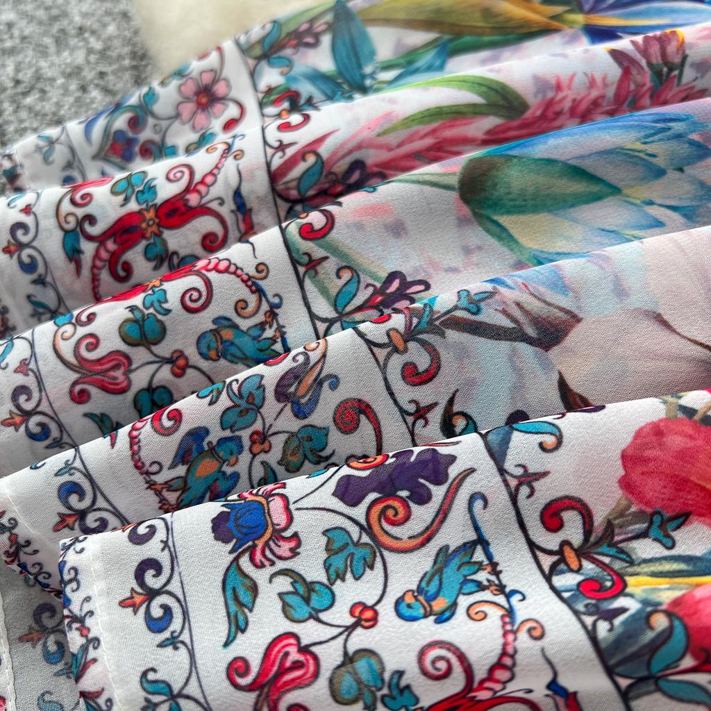 Bohemian Floral Chiffon Summer Dresses for Women 2025 Runway V-Neck Long Lantern Sleeve Sashes Beach Holiday Dressess Boho Robe