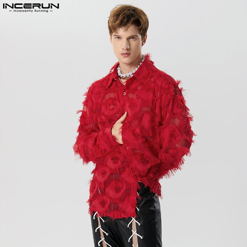 INCERUN Men Long Sleeve Button Up See Through Tassels Shirts Party Tops